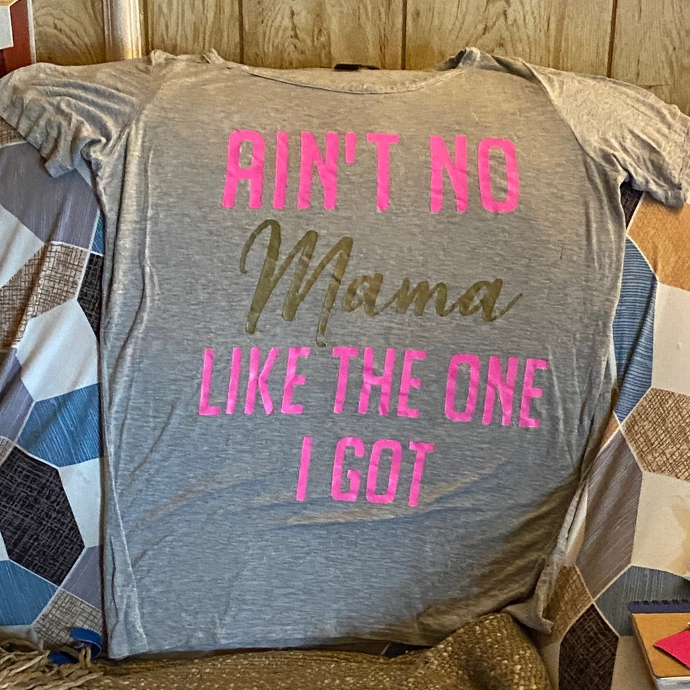 Ashley Stewart Gray Tee with Pink and Gold Print